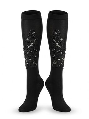 Dolce & Gabbana Inspired Crystal Embellished Lace Applique Knee High Socks Black